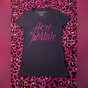 Small Aeropostale Navy T-Shirt with Pink Sequin Logo
